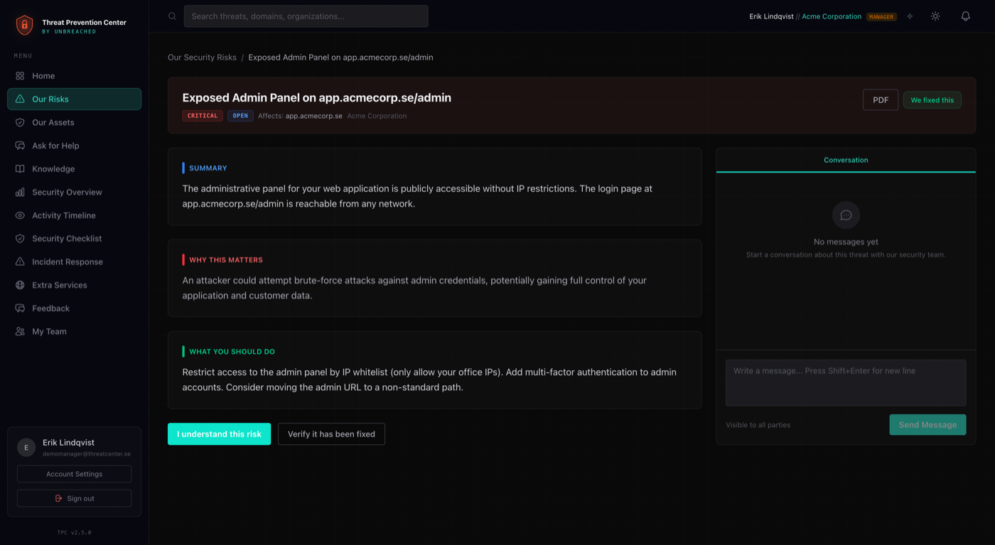 Vulnerability findings view in the portal